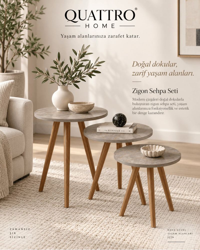 Torna Ayaklı Yuvarlak Zigon Sehpa Seti