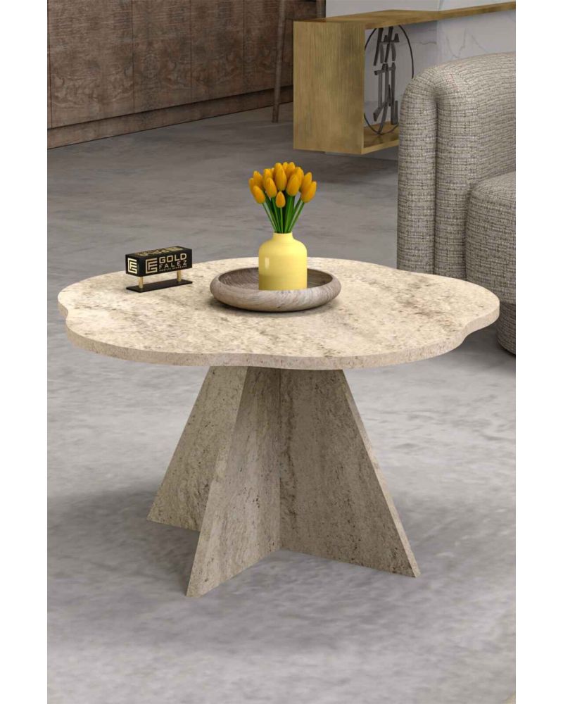 Çiçek Formlu Traverten Desenli Orta Sehpa - Bej 70 cm