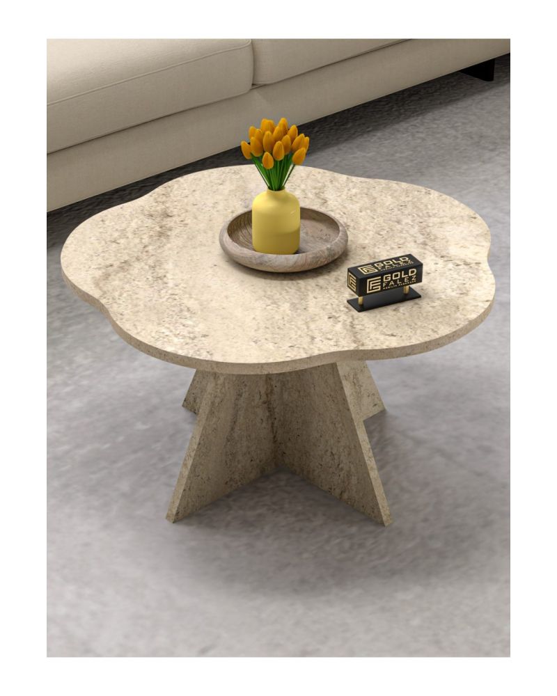 Çiçek Formlu Traverten Desenli Orta Sehpa - Bej 70 cm