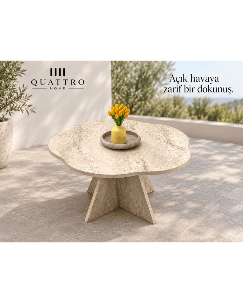 Çiçek Formlu Traverten Desenli Orta Sehpa - Bej 70 cm