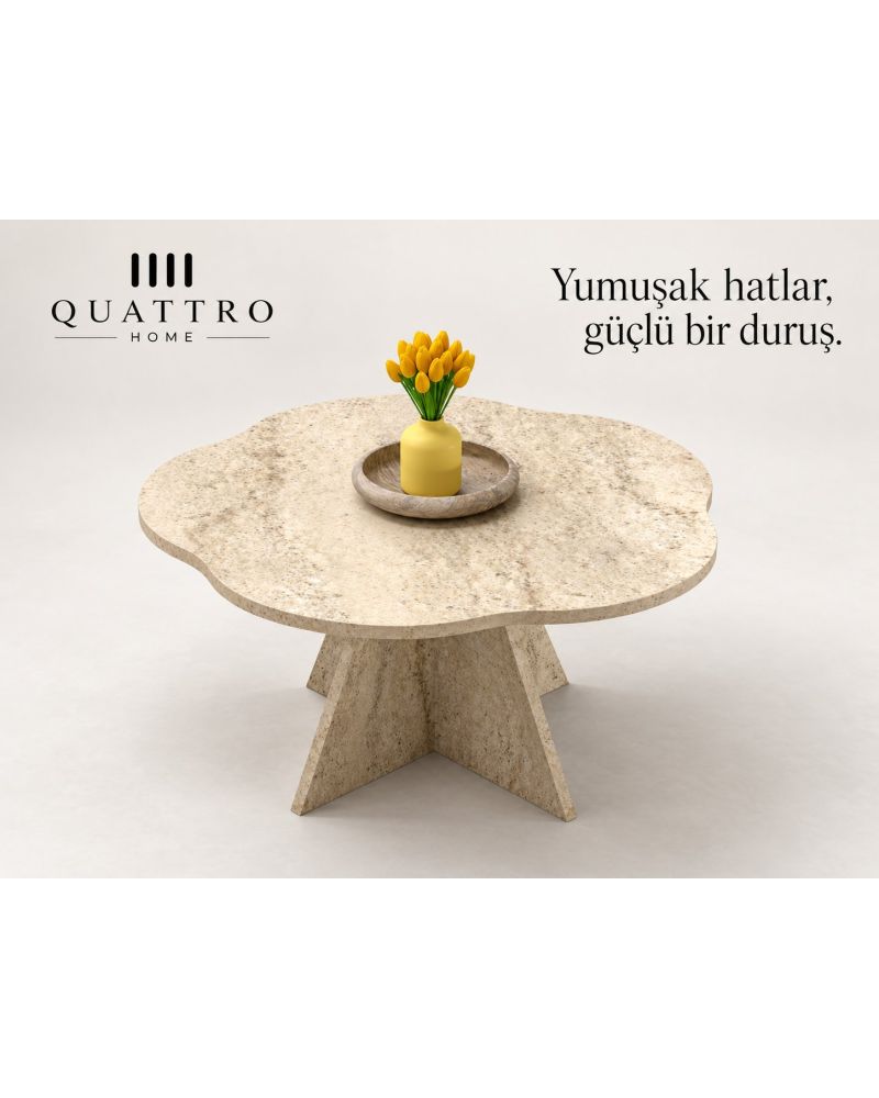 Çiçek Formlu Traverten Desenli Orta Sehpa - Bej 70 cm