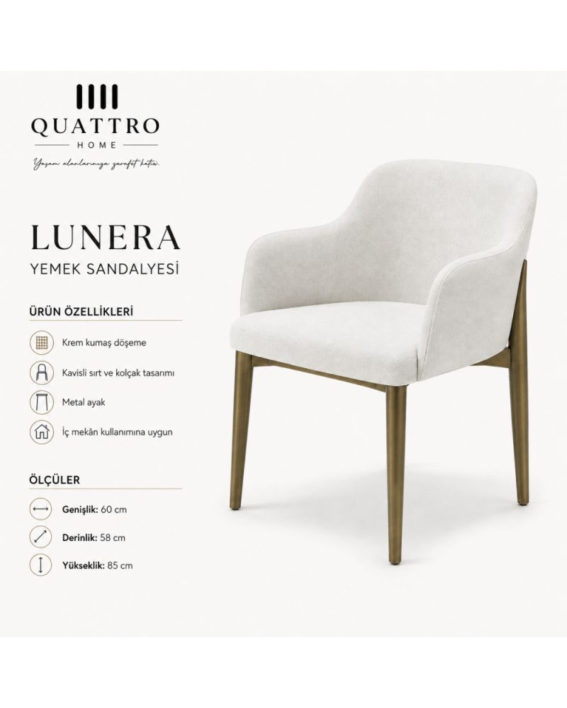 Lunera 200×95 cm Seramik Yemek Masası ve Krem Kumaş Döşemeli Bronz Metal Ayaklı Sandalye Takımı