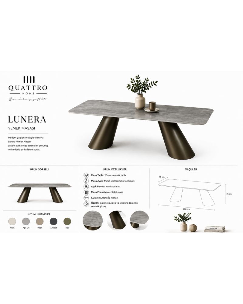 Lunera 200×95 cm Seramik Yemek Masası ve Krem Kumaş Döşemeli Bronz Metal Ayaklı Sandalye Takımı