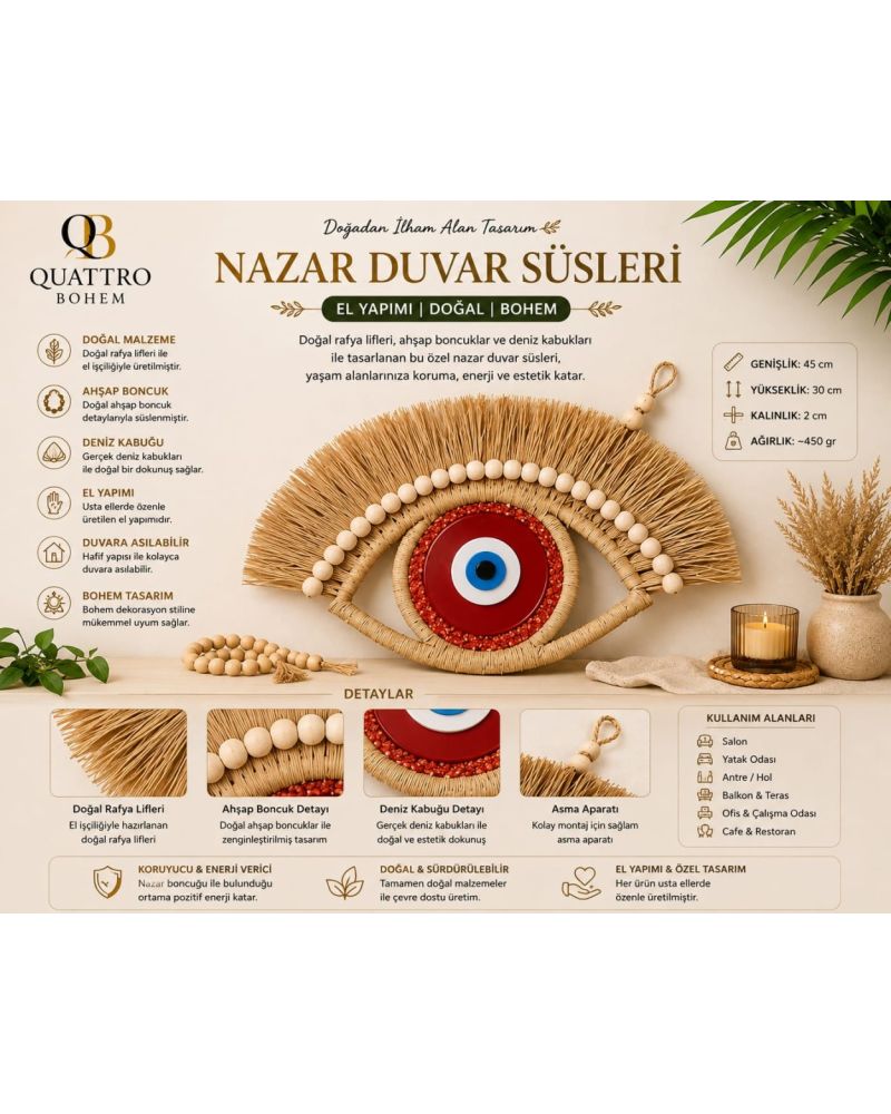 Bohem El Yapımı Kırmızı Koruyucu Nazar Gözü Duvar Süsü