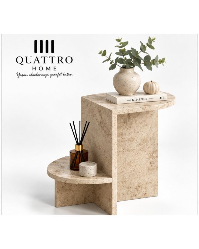 Ekru Traverten Desenli Oval Yan Sehpa 53x35 cm