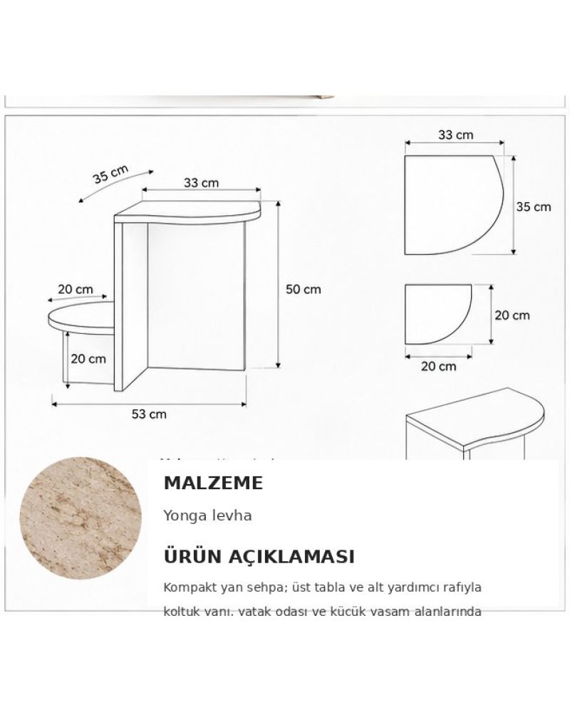 Ekru Traverten Desenli Oval Yan Sehpa 53x35 cm