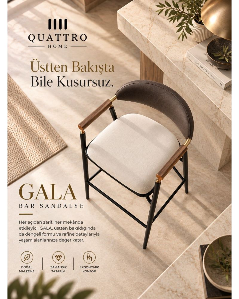 Gala Bar Sandalyesi – Ahşap Kolçaklı, Döşemeli, Metal Ayaklı