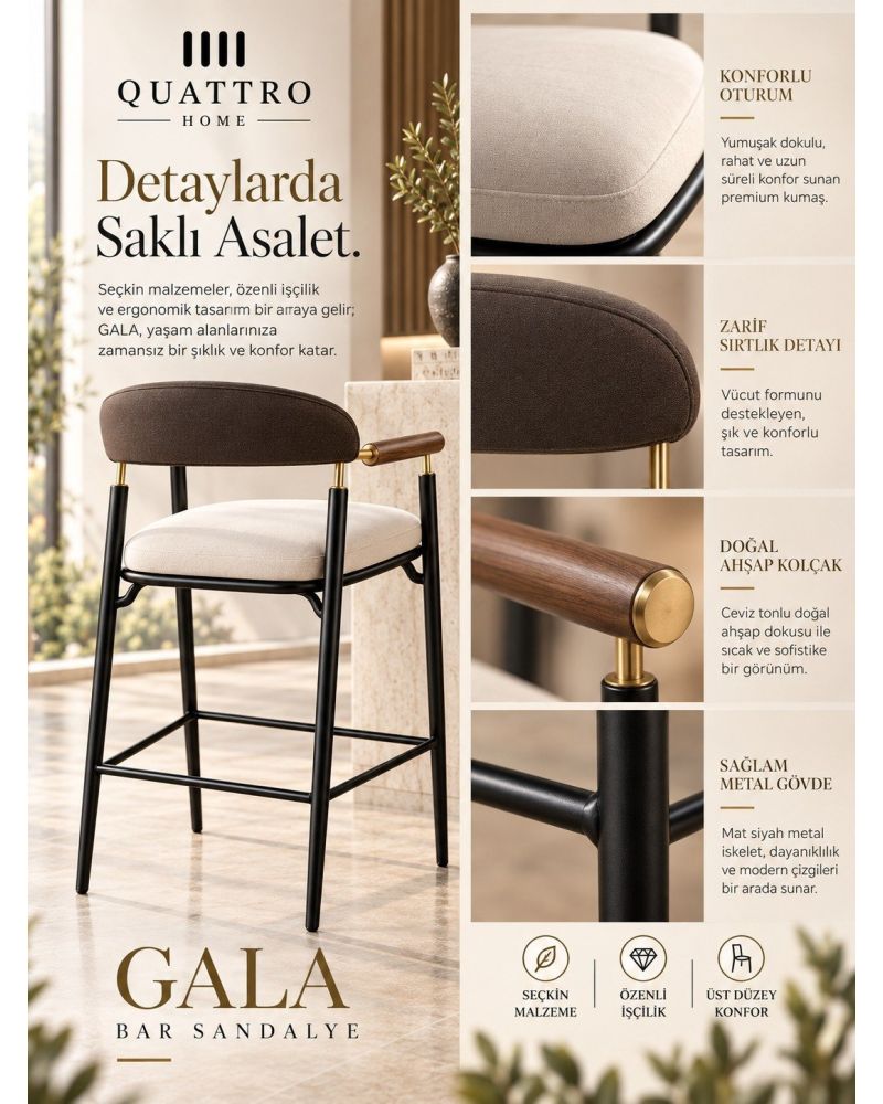 Gala Bar Sandalyesi – Ahşap Kolçaklı, Döşemeli, Metal Ayaklı