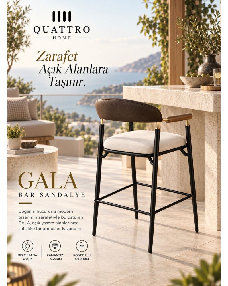 Gala Bar Sandalyesi – Ahşap Kolçaklı, Döşemeli, Metal Ayaklı