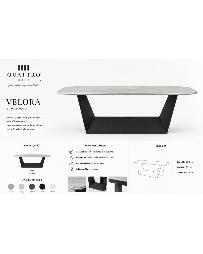 Velora 200×95 cm Açık Gri Melamin Tablalı Siyah Geometrik Metal Ayaklı Modern Yemek Masası