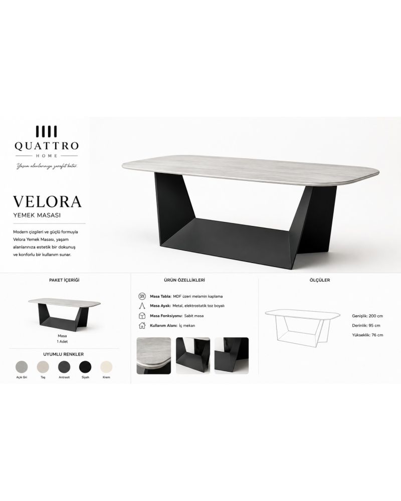 Velora 200×95 cm Açık Gri Melamin Tablalı Siyah Geometrik Metal Ayaklı Modern Yemek Masası