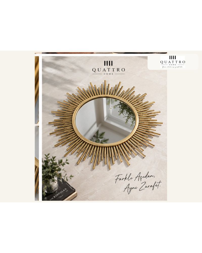 Güneş Ayna 95 cm – Gold Metal Sunburst Duvar Aynası