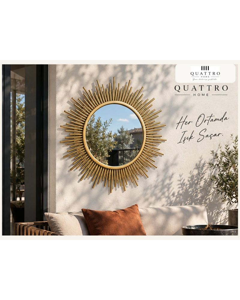 Güneş Ayna 95 cm – Gold Metal Sunburst Duvar Aynası