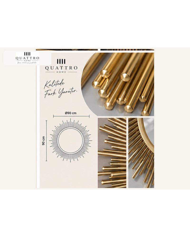 Güneş Ayna 95 cm – Gold Metal Sunburst Duvar Aynası