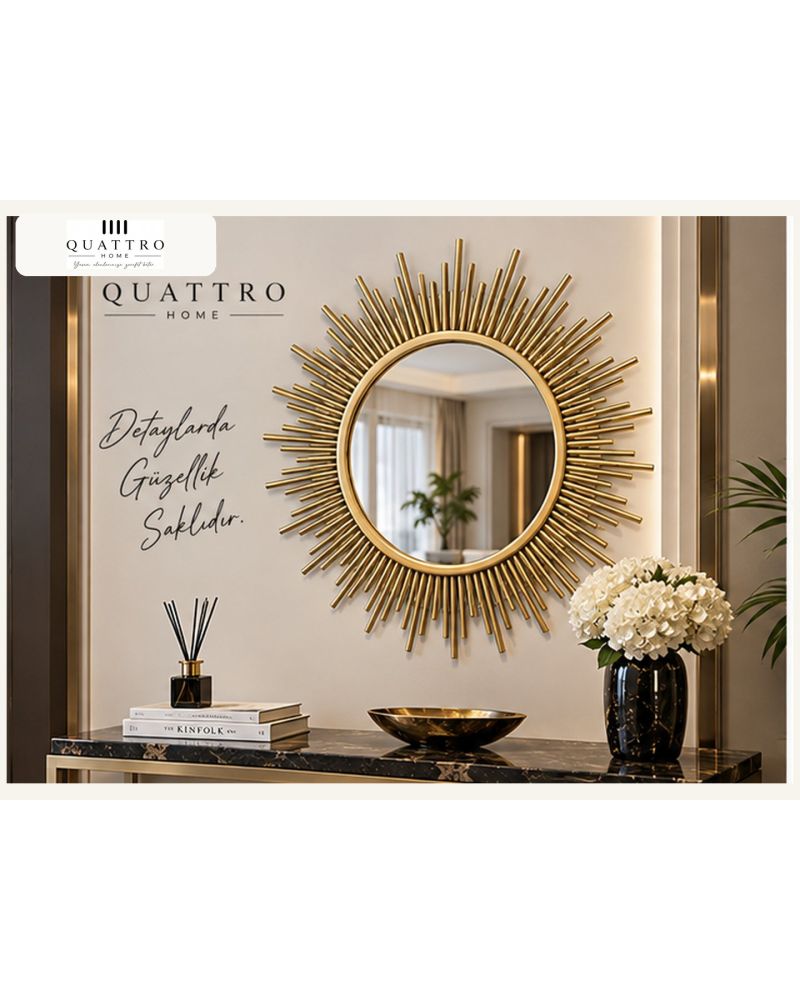 Güneş Ayna 95 cm – Gold Metal Sunburst Duvar Aynası
