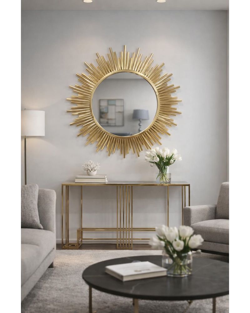 Güneş Ayna 95 cm – Gold Metal Sunburst Duvar Aynası