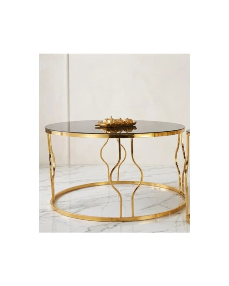 Yumurta Yuvarlak Orta Sehpa – Metal Ayaklı Siyah Cam Tabla - Gold