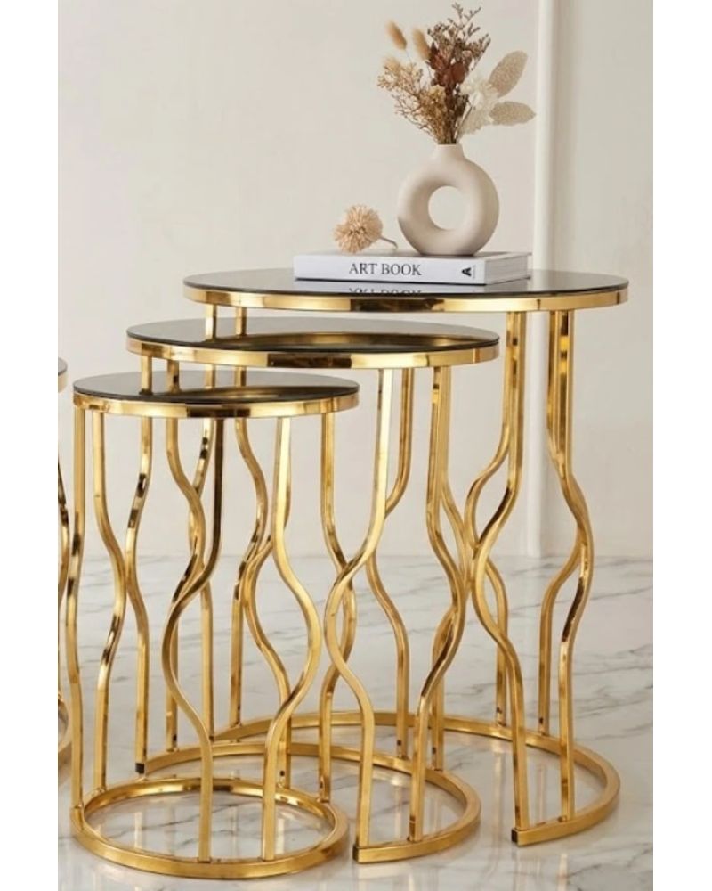 Yumurta 3’lü Yuvarlak Zigon Sehpa Seti – Gold Metal Ayak, Cam Tabla