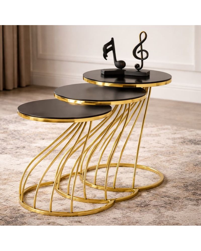 Kobra Model Yuvarlak Cam Zigon Sehpa Seti – Metal Ayaklı - Gold