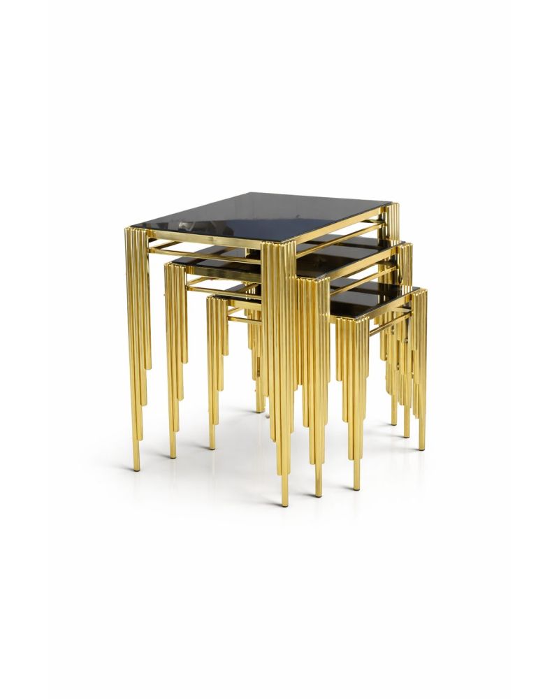 Kare Sütun Zigon Sehpa - 3lü - İç İçe Geçebilen - Gold