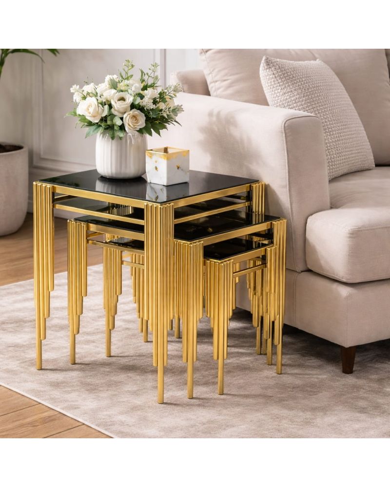 Kare Sütun Zigon Sehpa - 3lü - İç İçe Geçebilen - Gold