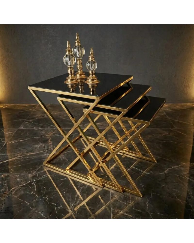 X Zigon Sehpa – 3’lü İç İçe Geçen Gold Metal Ayaklı Siyah Cam Zigon Sehpa Takımı