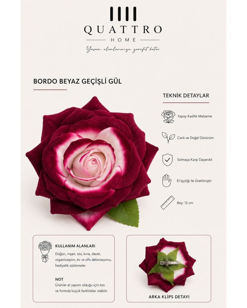Bordo Kadife Yapay Gül Klipsli 50 Adet
