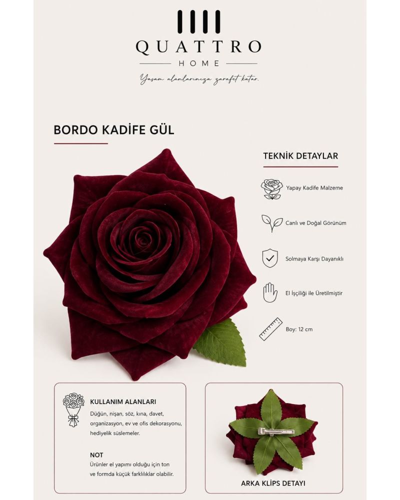 Bordo Kadife Yapay Gül Klipsli 50 Adet