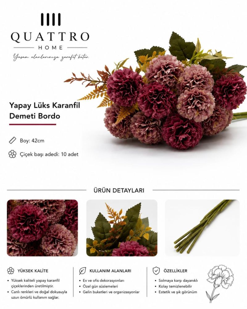 Yapay Lüks Karanfil Demeti Bordo