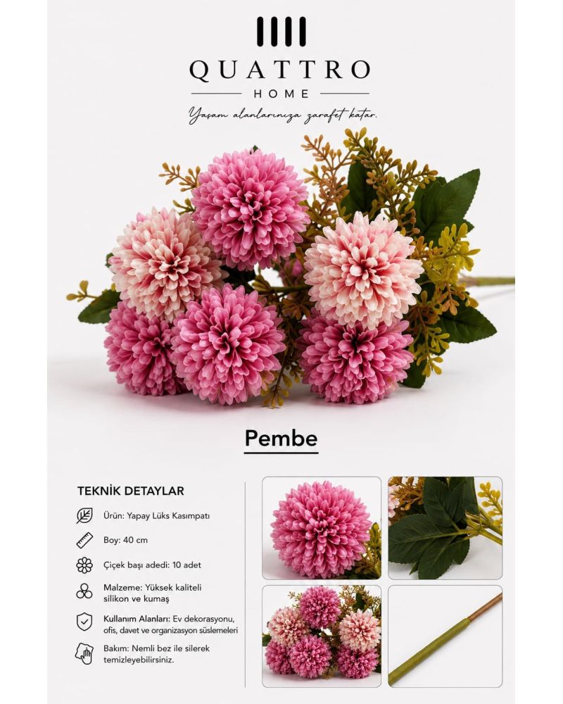 Pembe Yapay Kasımpatı Demeti 40 cm – 10 Çiçek Başlı Dekoratif Yapay Çiçek 10 Adet