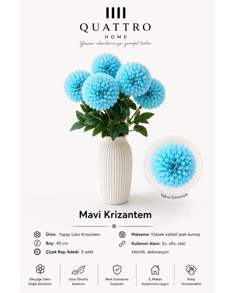 Mavi Yapay Krizantem Demeti 45 cm – 5 Başlı Dekoratif Çiçek