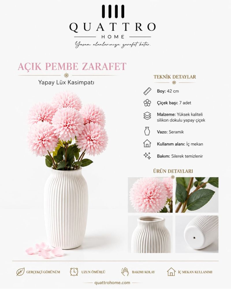 Açık Pembe 7’li Yapay Lüks Kasımpatı Aranjmanı Seramik Vazolu 42 cm