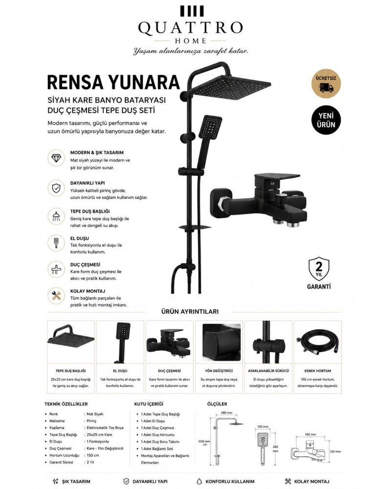 Rense Yunara Banyo Tepe Duş Seti