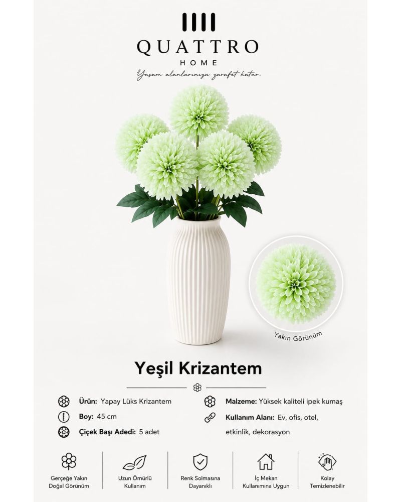 Yeşil Yapay Krizantem Demeti 45 cm – 5 Çiçek Başlı Dekoratif Çiçek