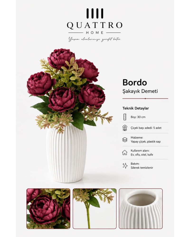 Quattro Home Şeftali Şakayık Yapay Çiçek Demeti – 5 Başlı, 30 cm