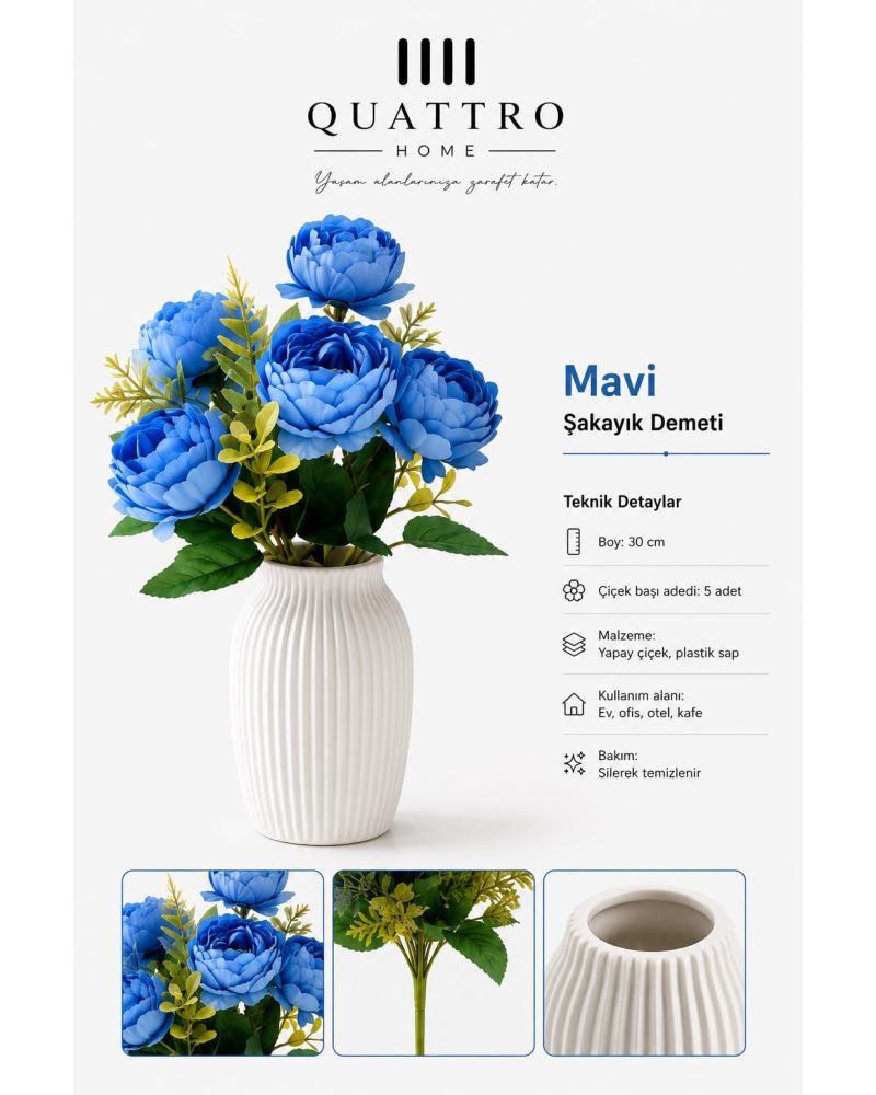 Quattro Home Şeftali Şakayık Yapay Çiçek Demeti – 5 Başlı, 30 cm