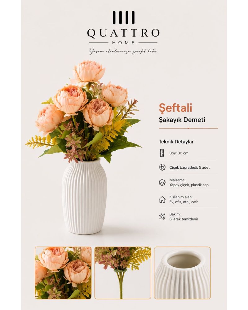 Quattro Home Şeftali Şakayık Yapay Çiçek Demeti – 5 Başlı, 30 cm