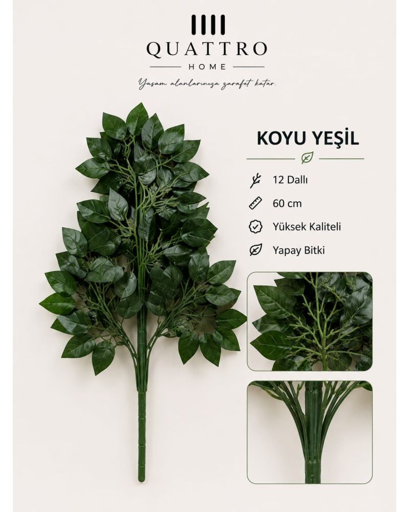 Koyu Yeşil 12 Dallı Yapay Dekoratif Bitki Demeti 60 cm