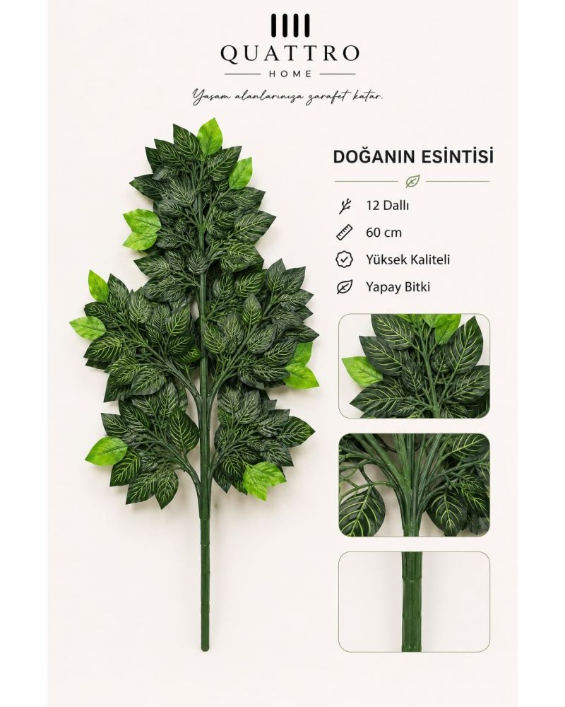 Koyu Yeşil 12 Dallı Yapay Dekoratif Bitki Demeti 60 cm