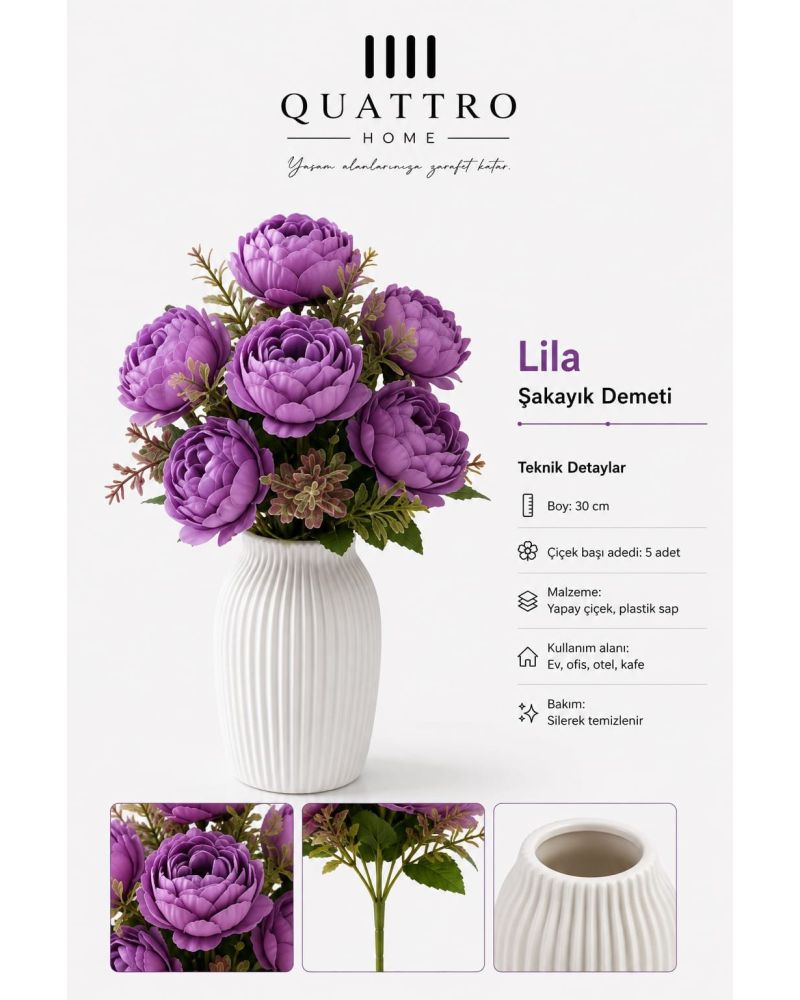 Quattro Home Bordo Şakayık Yapay Çiçek Demeti – 5 Başlı, 30 cm