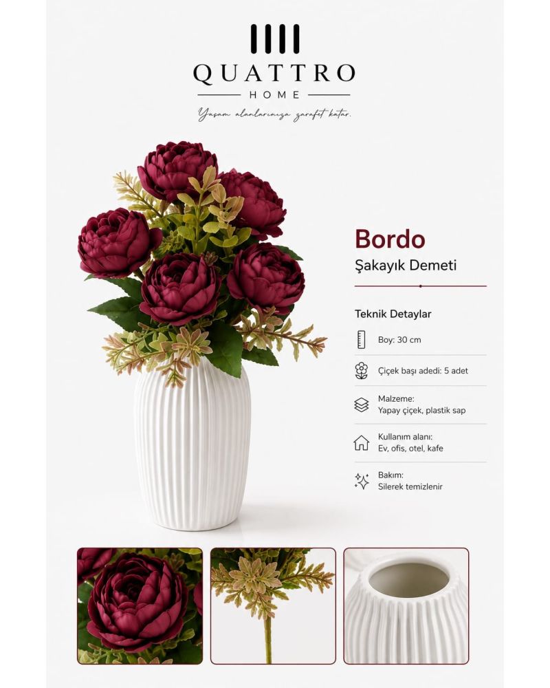 Quattro Home Bordo Şakayık Yapay Çiçek Demeti – 5 Başlı, 30 cm