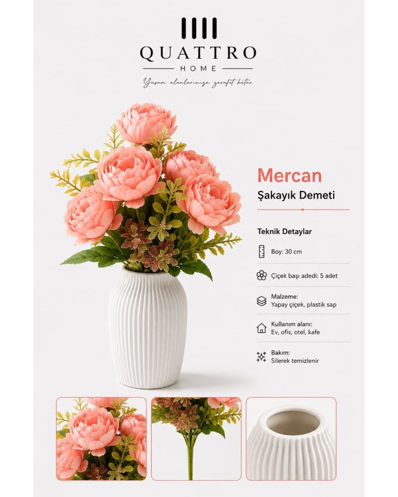 Quattro Home Bordo Şakayık Yapay Çiçek Demeti – 5 Başlı, 30 cm