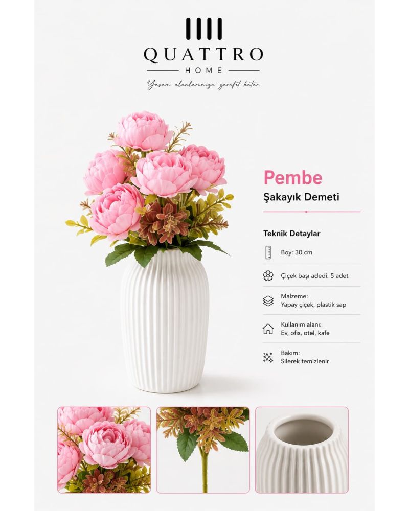Quattro Home Bordo Şakayık Yapay Çiçek Demeti – 5 Başlı, 30 cm