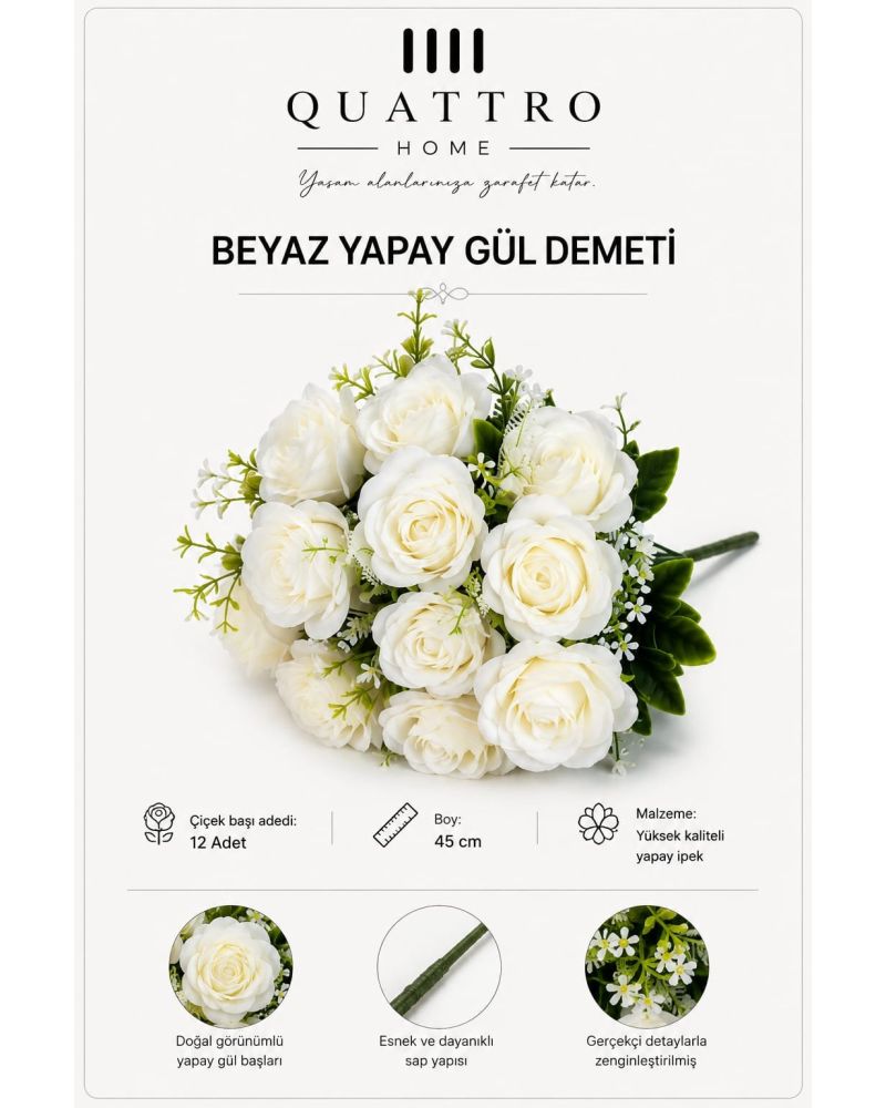 Beyaz Yapay Gül Demeti 45 cm 12 Başlı Dekoratif Çiçek