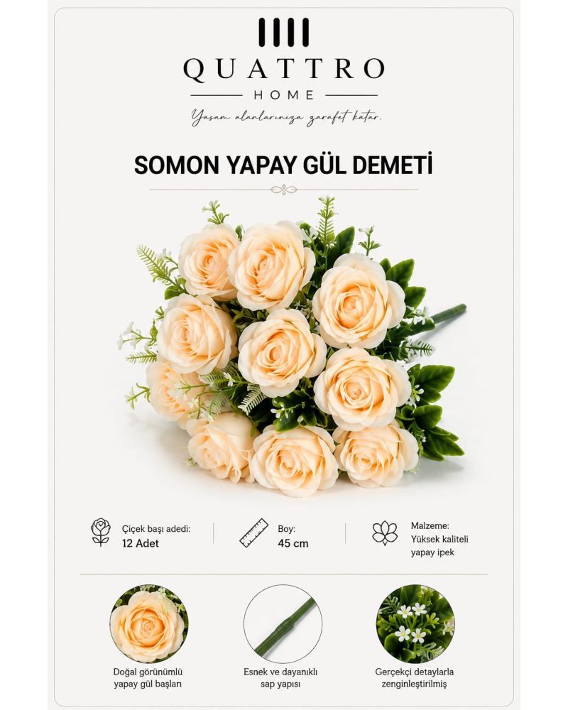 Beyaz Yapay Gül Demeti 45 cm 12 Başlı Dekoratif Çiçek