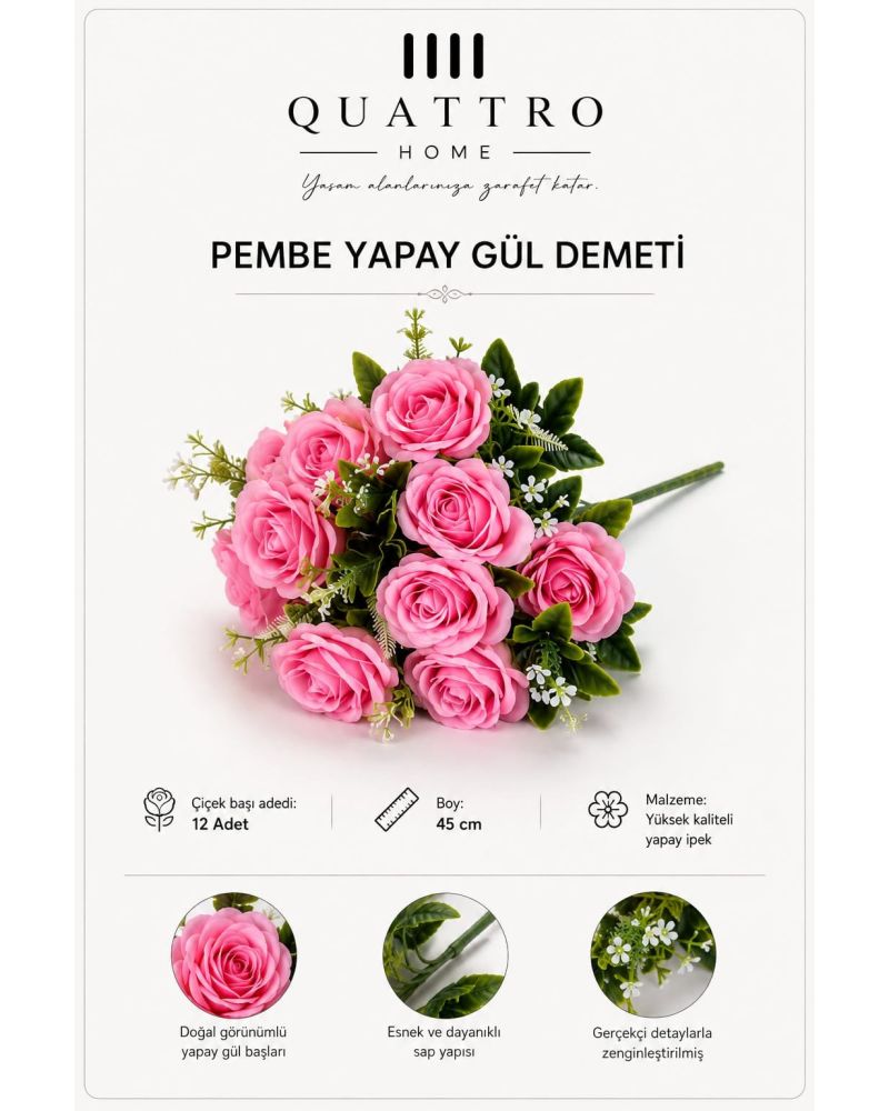 Beyaz Yapay Gül Demeti 45 cm 12 Başlı Dekoratif Çiçek
