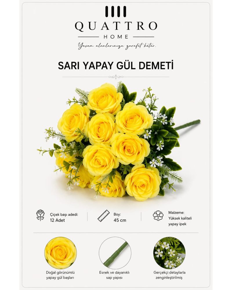 Beyaz Yapay Gül Demeti 45 cm 12 Başlı Dekoratif Çiçek