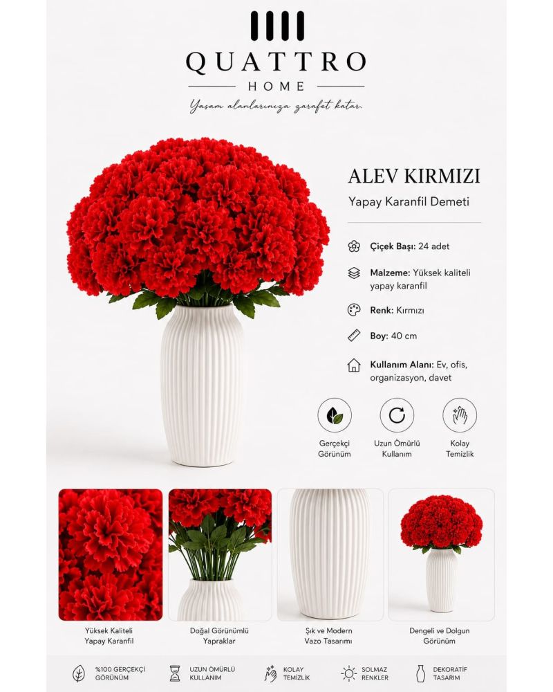 Kar Beyazı Yapay Karanfil Demeti 40 cm 24 Başlı Dekoratif Çiçek