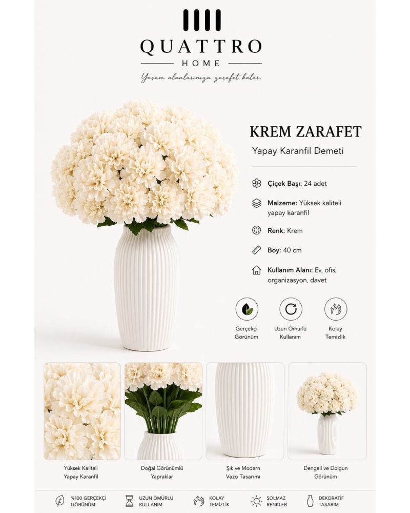 Kar Beyazı Yapay Karanfil Demeti 40 cm 24 Başlı Dekoratif Çiçek