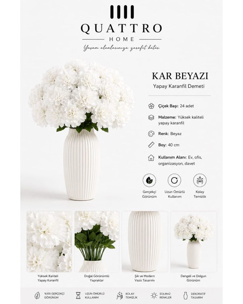 Kar Beyazı Yapay Karanfil Demeti 40 cm 24 Başlı Dekoratif Çiçek